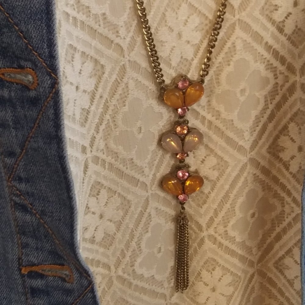 Extra Long Peach Pink Sparkle Drop Necklace | New